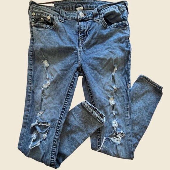 True Religion Denim - TRUE RELIGION Halle Mid Rise Super Skinny Distressed Jeans Size 32”